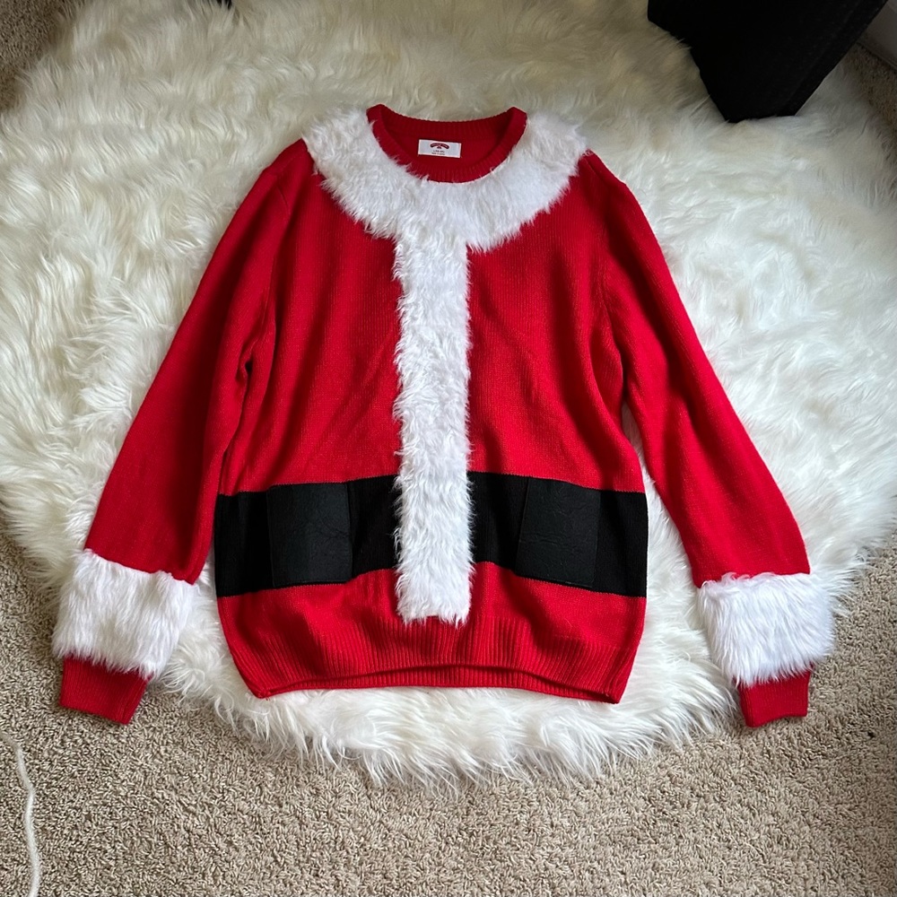 Ugly Christmas Sweater Mens Santa Sweater Beer Holder Fur Like New